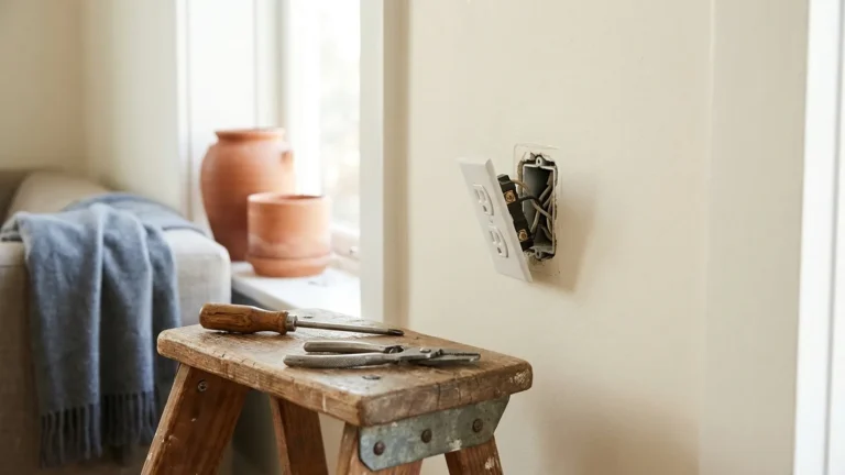 How to Wire an Outlet Safely When the Box Is the Real Problem 7 Open wall outlet with the cover plate removed and hand tools on a step stool