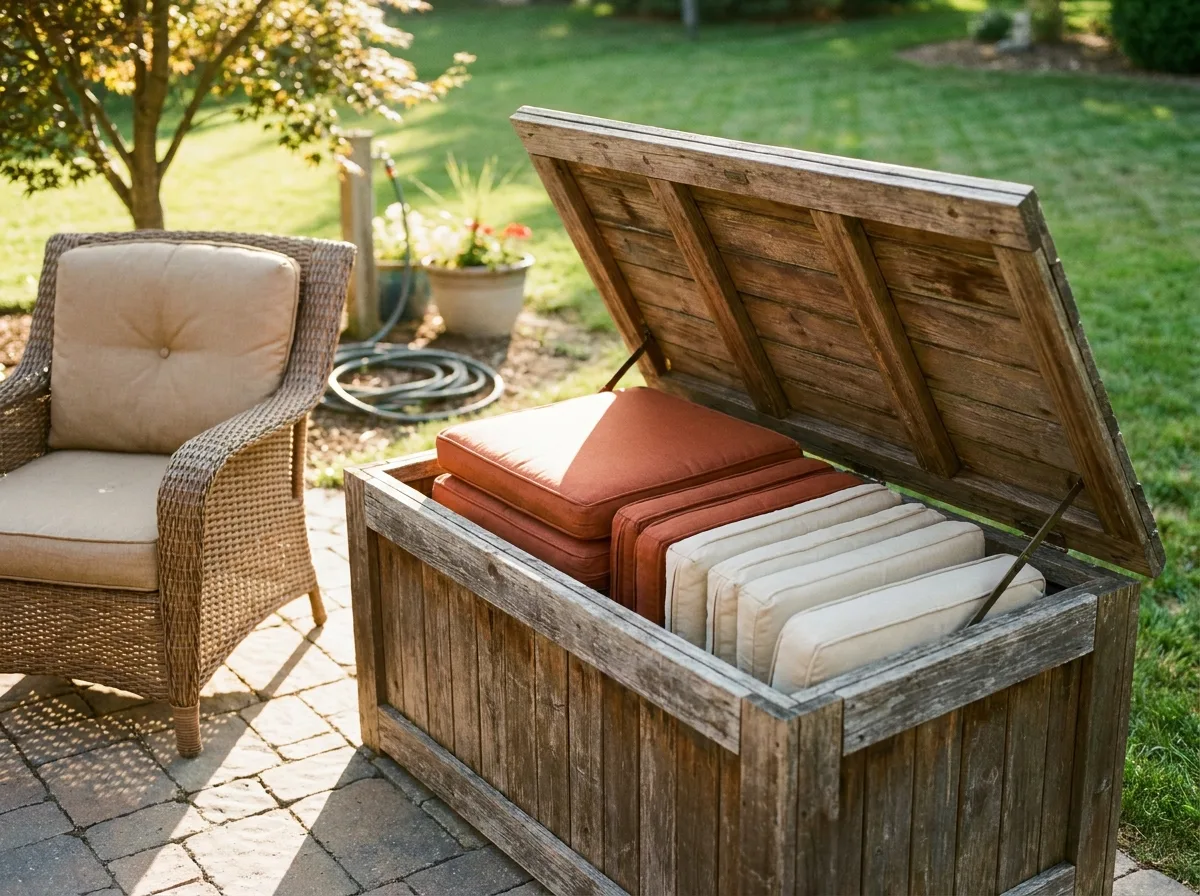Outdoor Chair Buying Guide: Pick One That Survives Your Climate 4 Outdoor chair cushions folded inside a deck box on a backyard patio
