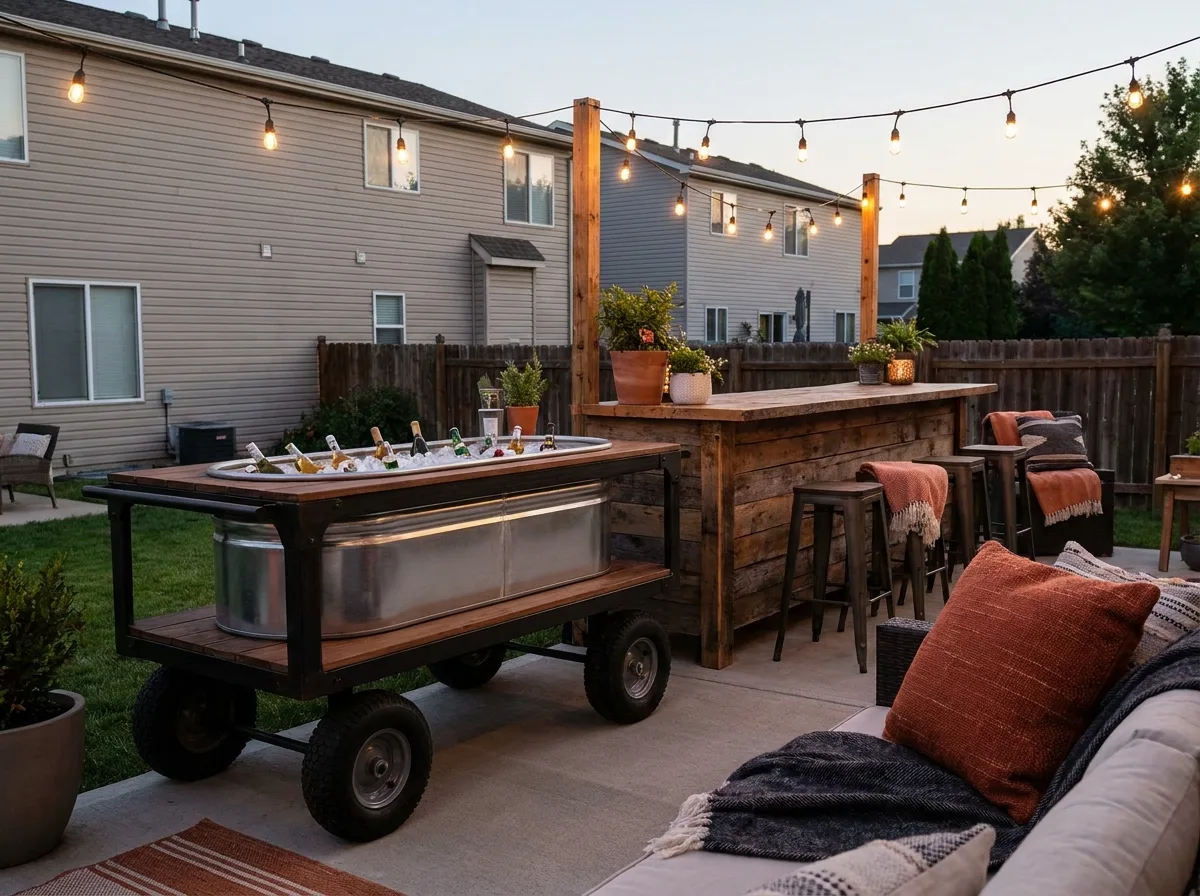 Outdoor patio home bar ideas with a rolling ice tub cart and wooden counter at dusk