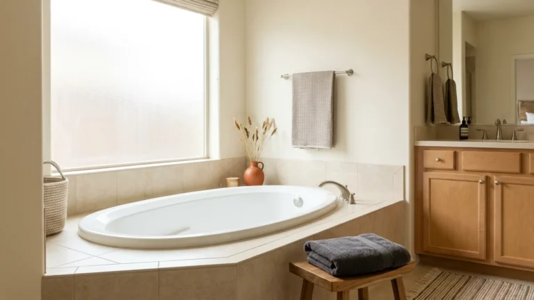 Garden Tub: Keep It, Update It or Rip It Out? A Homeowner Guide 13 Oval garden tub set in a tiled deck in a bright, neutral primary bathroom