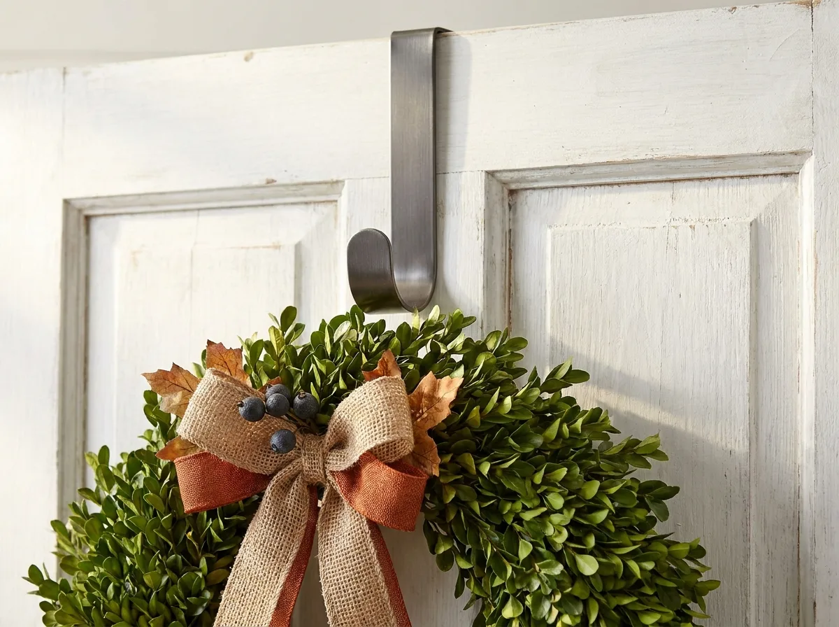 Over-the-door hanger holding a boxwood wreath on a white front door without nails