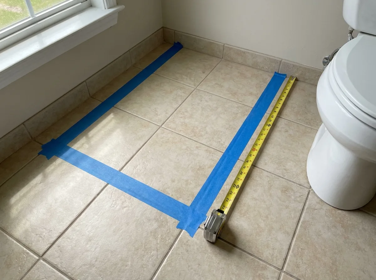 48 Inch Bathroom Vanity: Styles, Costs, and How to Choose 2 Painter's tape marking the footprint of a vanity on a bathroom floor with a tape measure