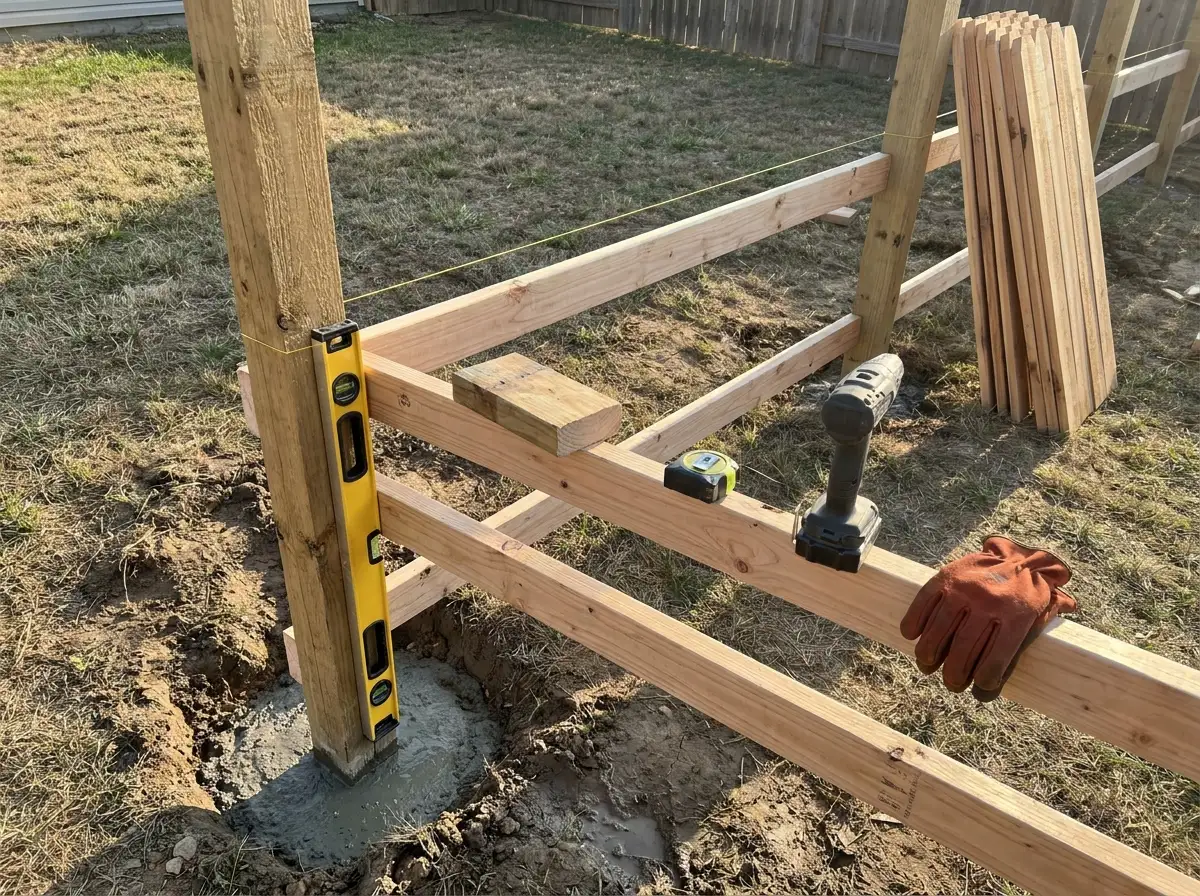 Picket fence post set in concrete and checked with a level before the rails and pickets go on
