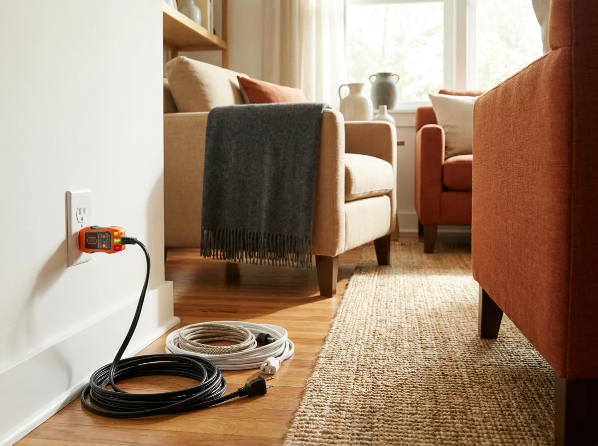 Plug-in outlet tester in a wall socket with appliance cords unplugged nearby