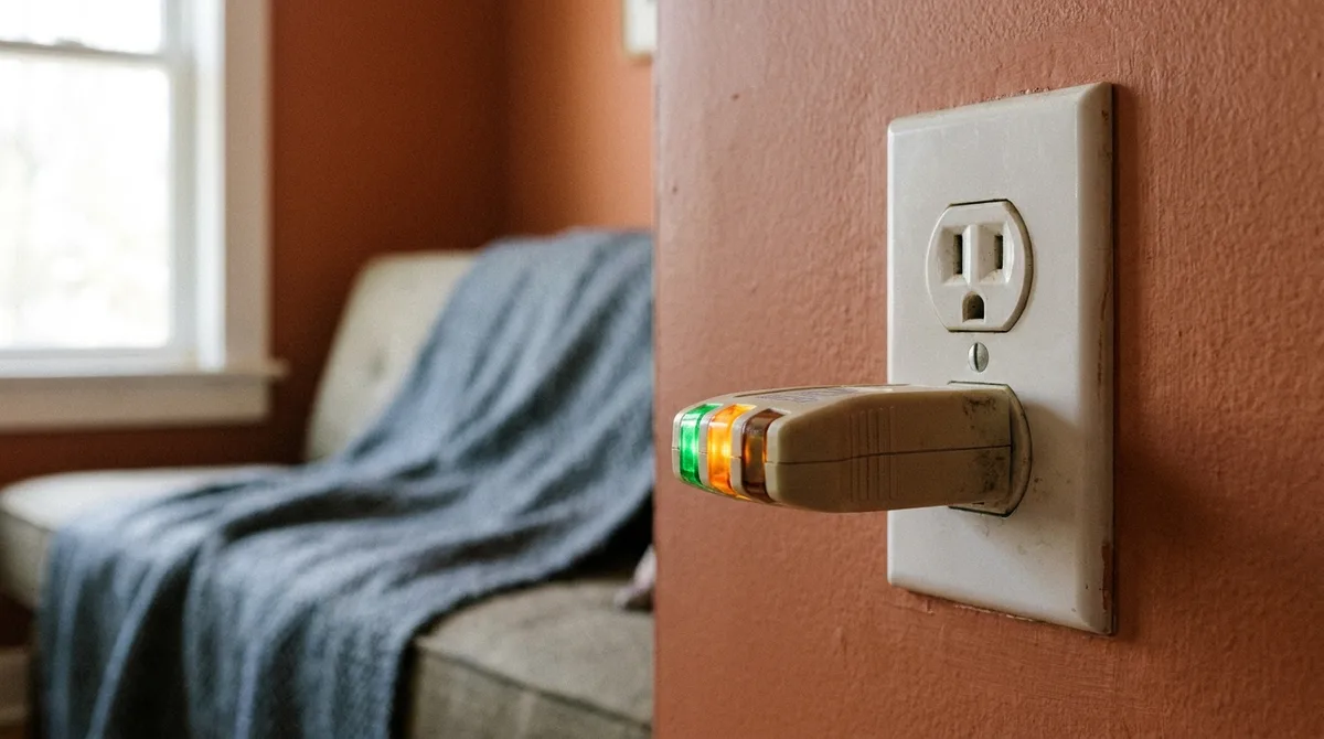 How to Wire an Outlet Safely When the Box Is the Real Problem 4 Plug-in outlet tester showing its light pattern in a living room wall outlet