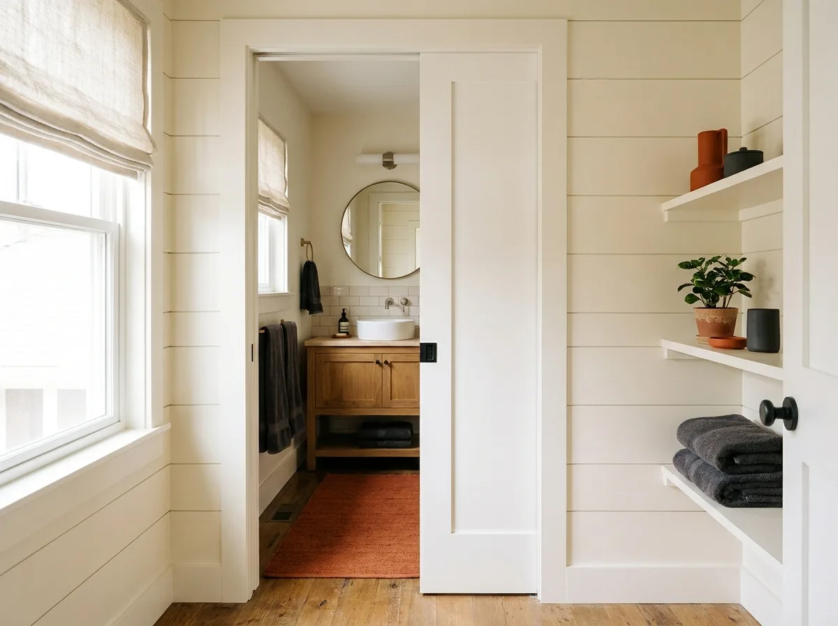 Pocket bathroom door half open and sliding into the wall of a small bathroom