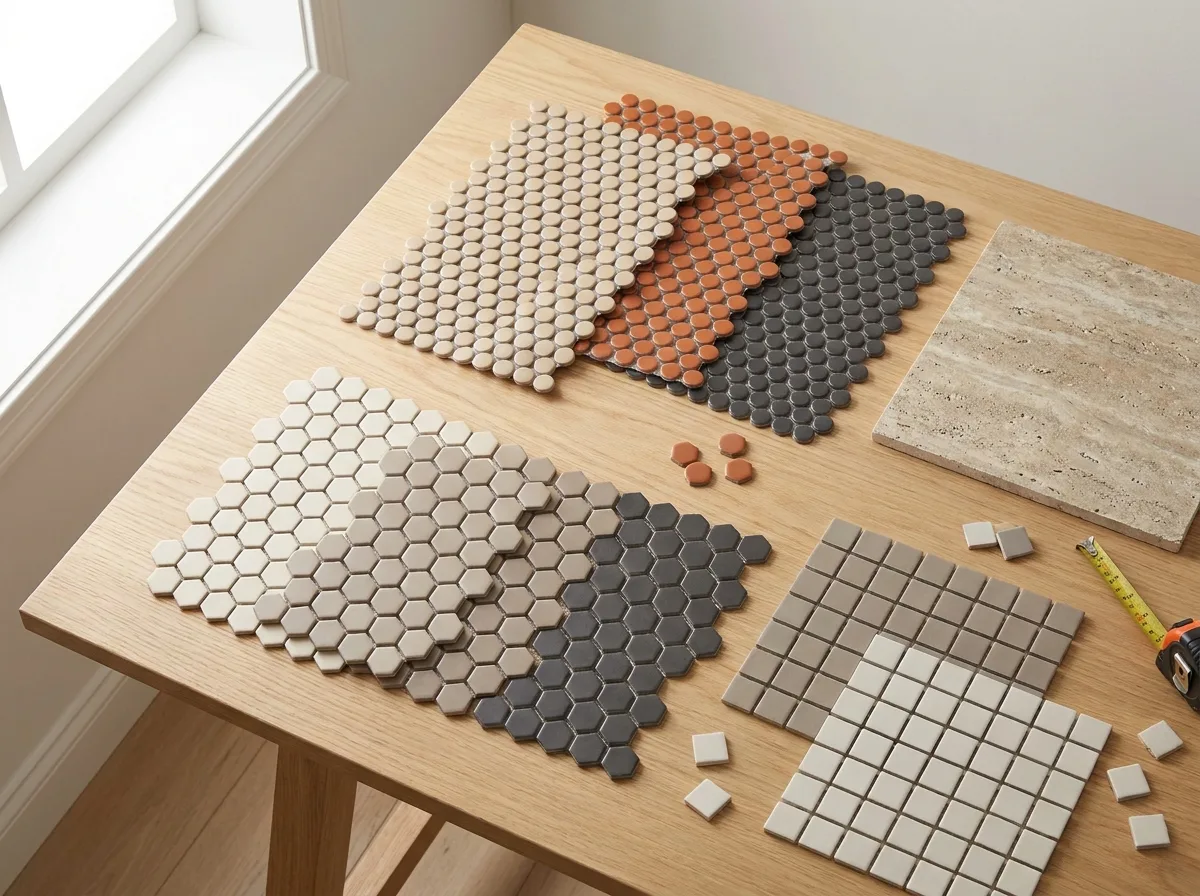 Shower Floor Tile: Pick a Style That Won't Fail in Year Three 2 Porcelain mosaic tile samples in penny, hex and square shapes on a wood table