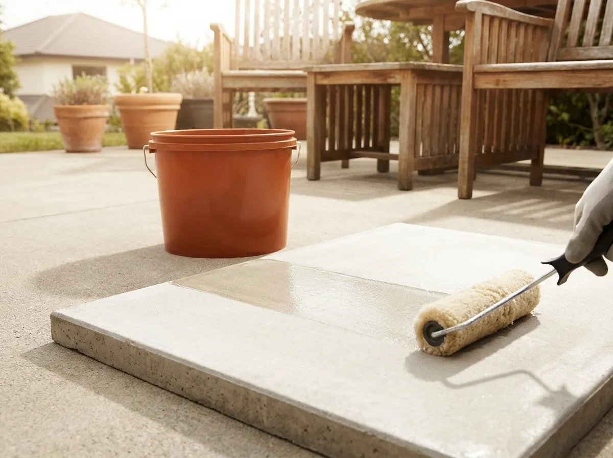 Concrete Patio Ideas That Still Look Good After Ten Winters 5 Roller applying clear sealer to a clean concrete patio slab