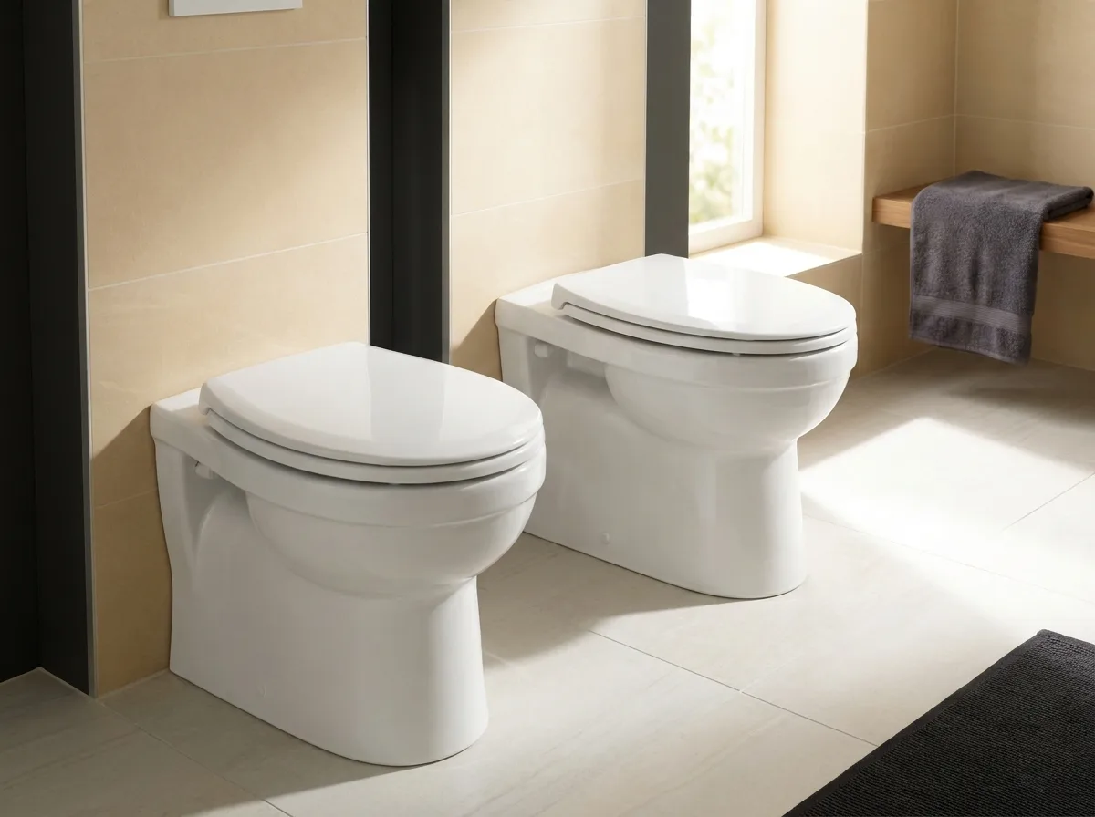 Round and elongated toilet bowls side by side to show the difference in length