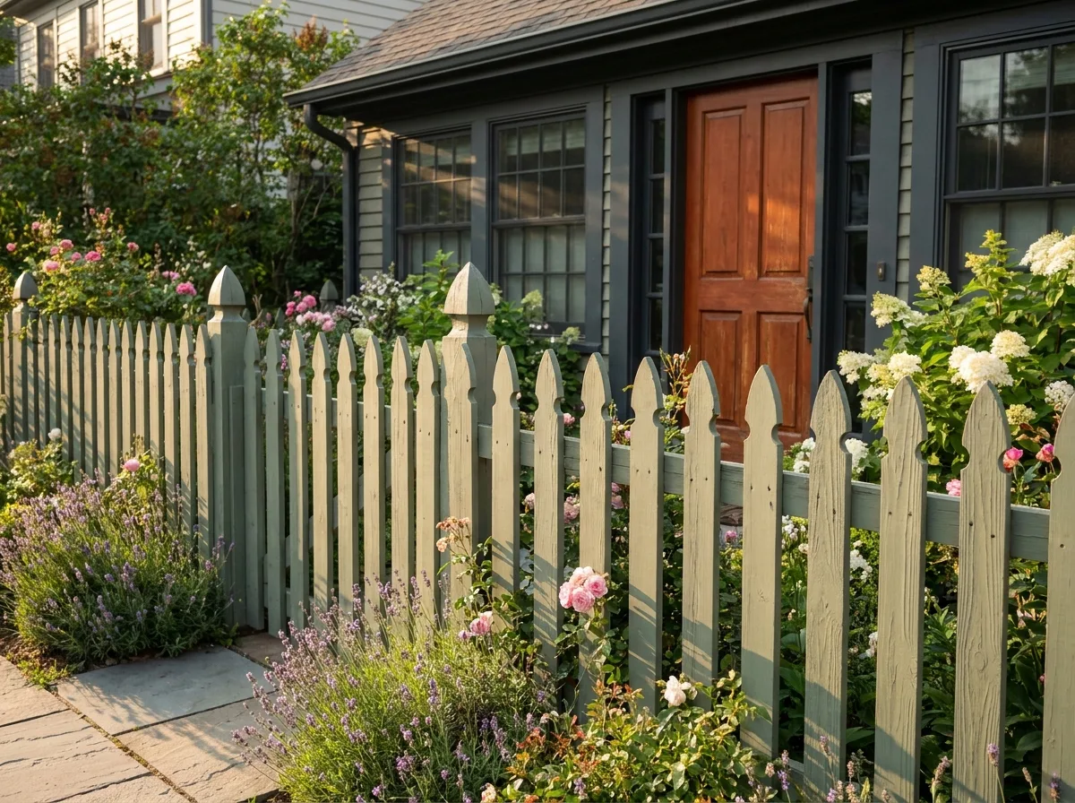 Sage green picket fence with gothic tops in front of a cottage with a burnt-orange door