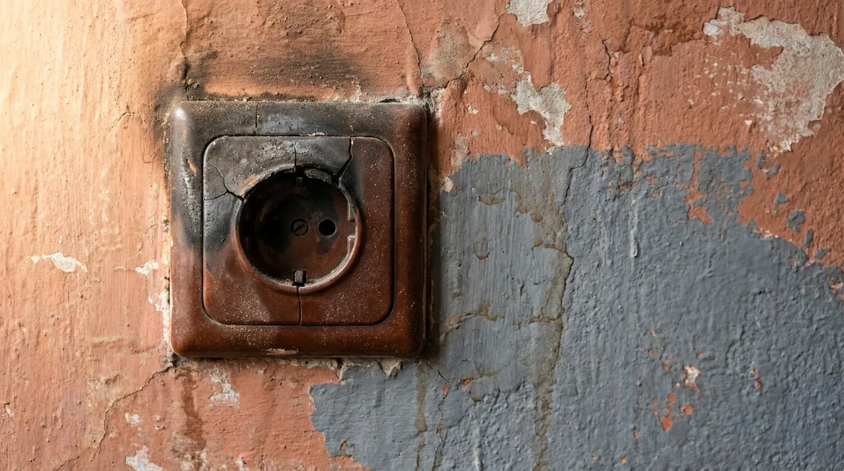 How to Wire an Outlet Safely When the Box Is the Real Problem 5 Scorched old outlet on a crumbling wall, a sign to call an electrician