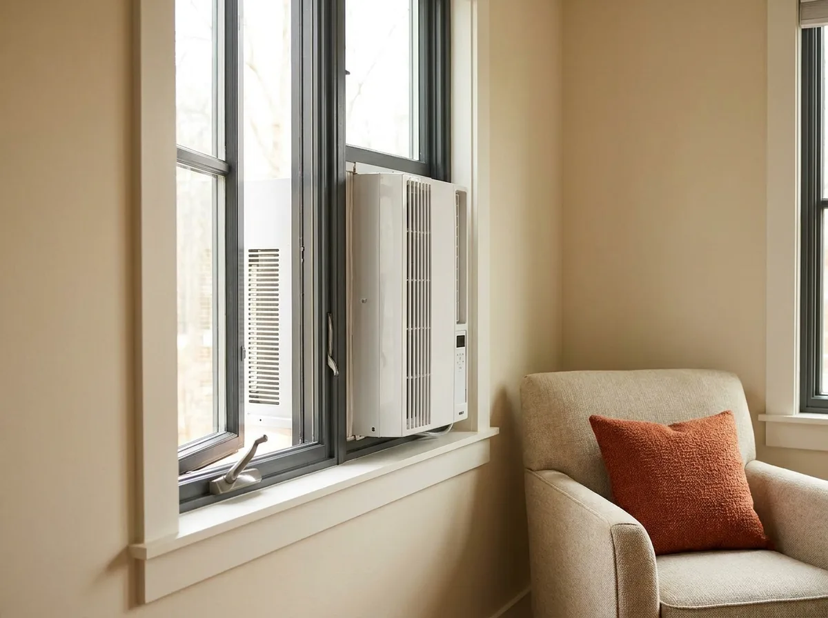 Vertical Window Air Conditioner: Does Your Window Actually Fit One? 2 Slim casement window air conditioner mounted beside a cozy armchair with an orange cushion
