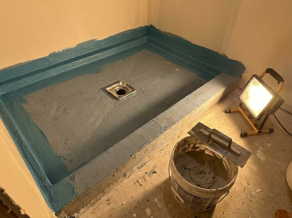 Shower Floor Tile: Pick a Style That Won't Fail in Year Three 5 Sloped shower base covered in waterproof membrane ready for tile