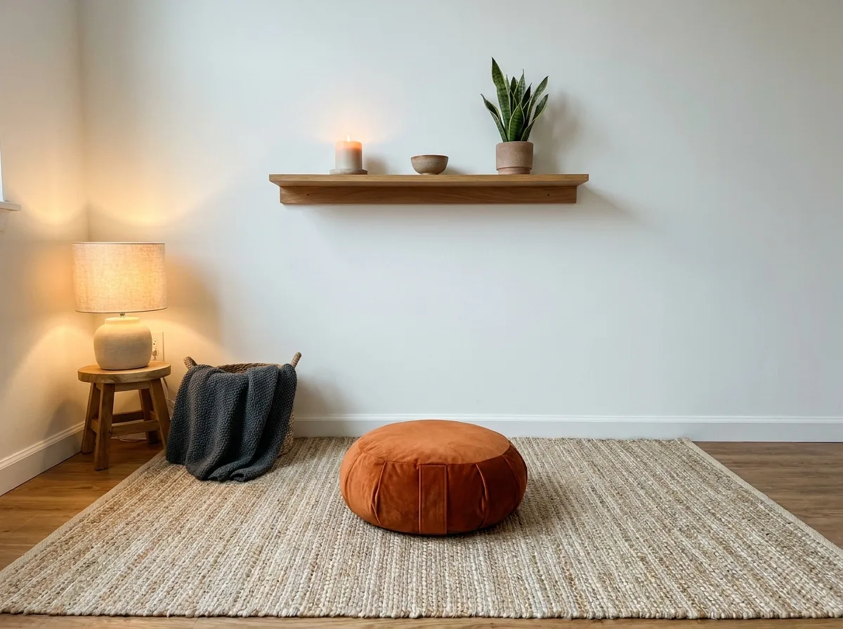 Meditation Chair Ideas That Look Good and Feel Right 4 Small apartment meditation corner with a rust zafu on a jute rug under a floating shelf