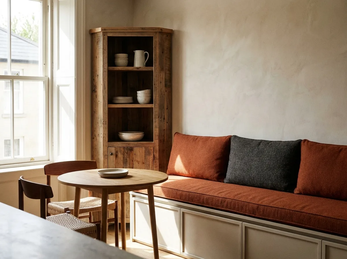 Dining Room Storage That Fits: Sizes, Costs and Smart Picks 4 Small dining nook with a storage bench and narrow corner cabinet that save floor space