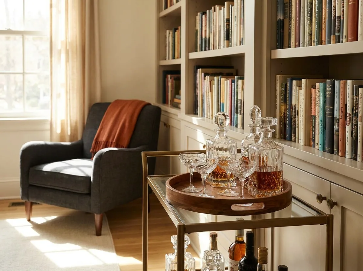 Small home bar cart with decanters and glasses beside a bookshelf in a sunny living room