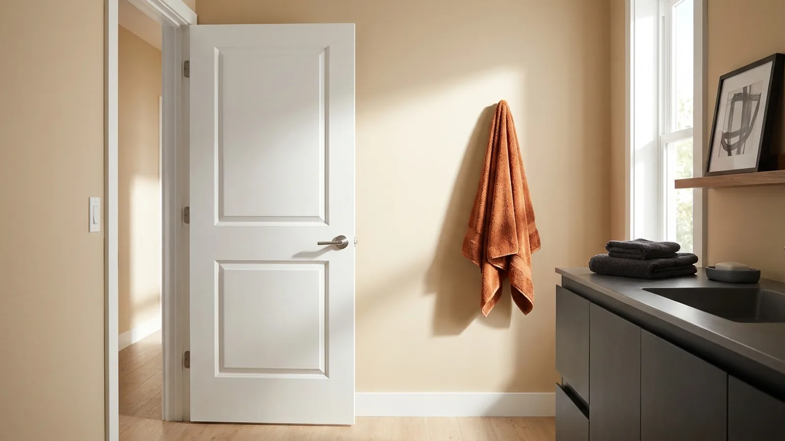 Solid white hinged bathroom door in a bright modern bathroom with warm neutral walls