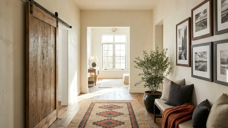 Barn Door Hardware: How to Pick a Kit That Will Not Fail 1 Solid wood sliding door on black barn door hardware in a bright farmhouse hallway