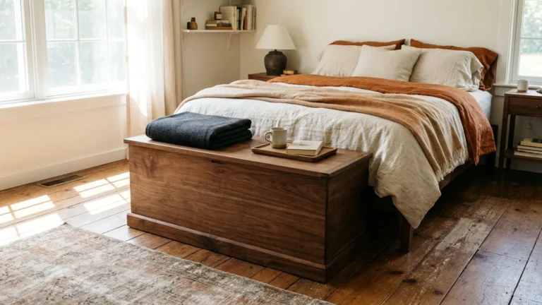 Storage Chest: How to Pick One That Is Safe, Sturdy and Stylish 3 Solid wood storage chest at the foot of a made bed in a bright bedroom