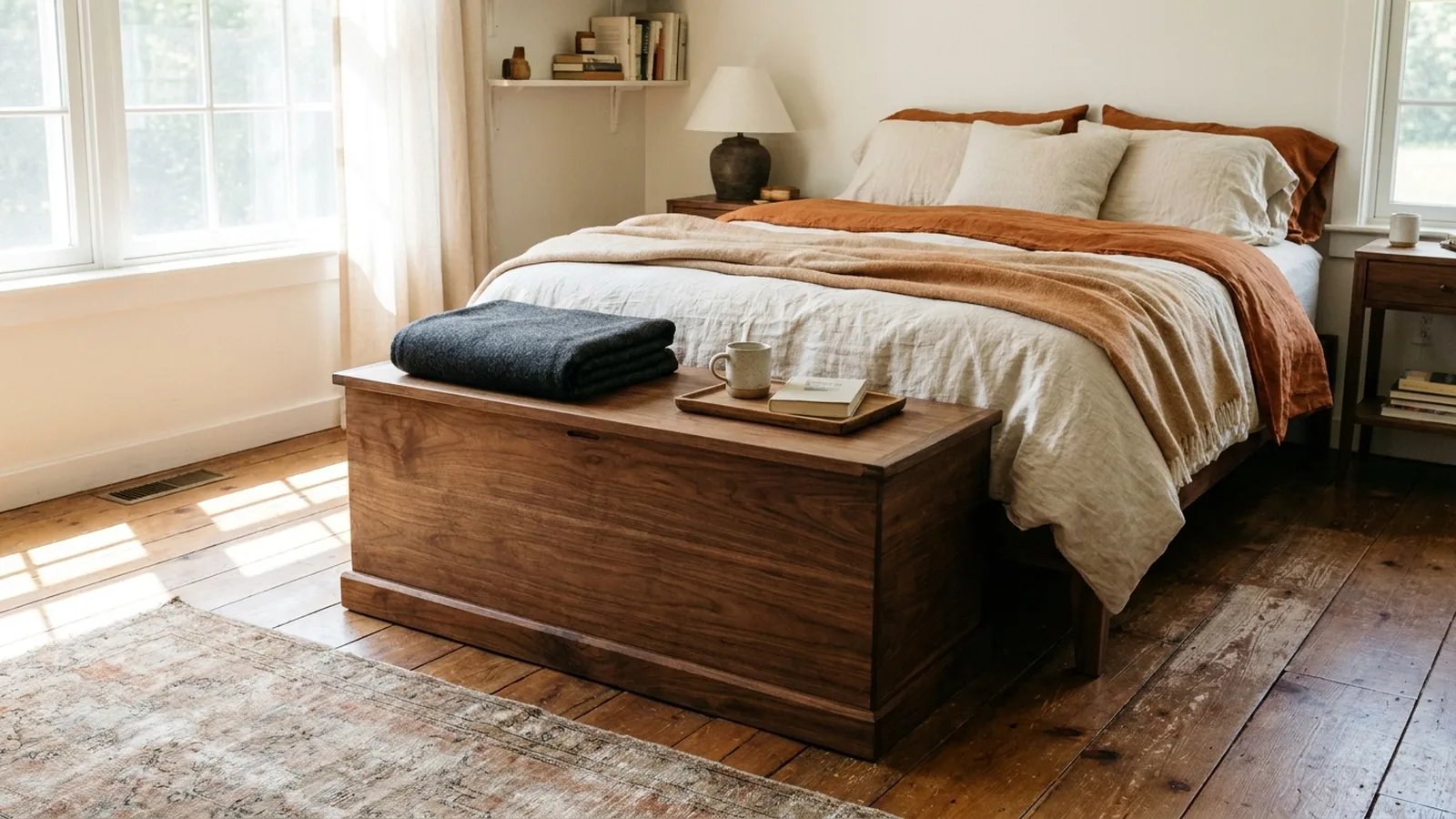Storage Chest: How to Pick One That Is Safe, Sturdy and Stylish 1 Solid wood storage chest at the foot of a made bed in a bright bedroom