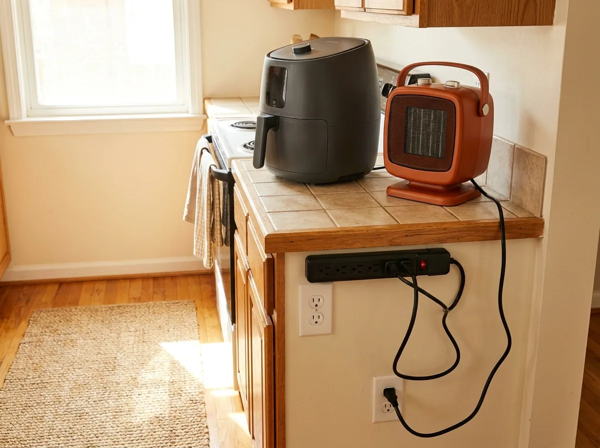 Space heater and air fryer sharing one outlet area, a common overloaded circuit setup