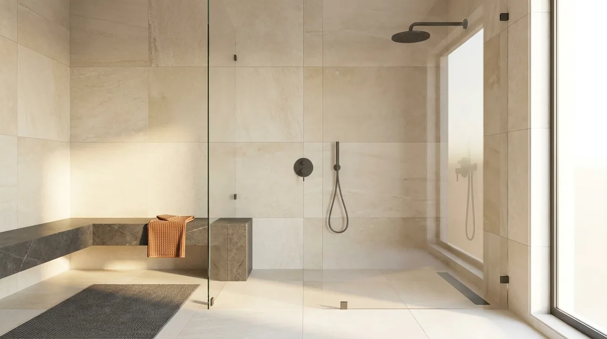 Spacious walk-in shower with a clear glass panel and warm neutral tile