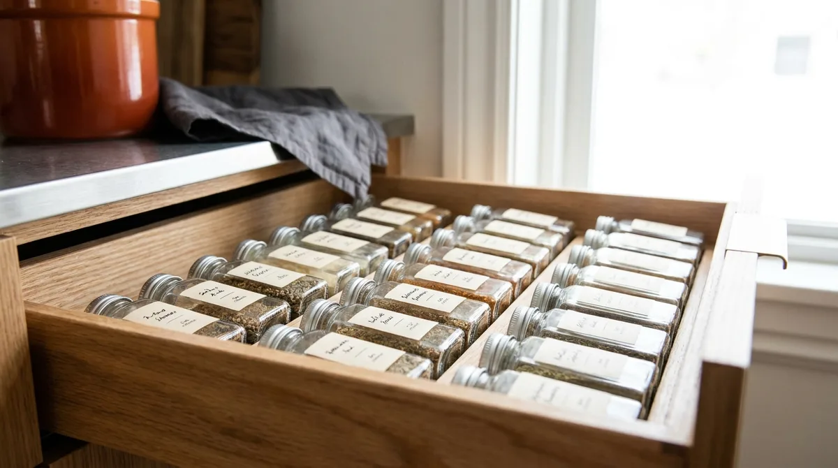 Spice jars with labeled lids sorted neatly in a kitchen drawer