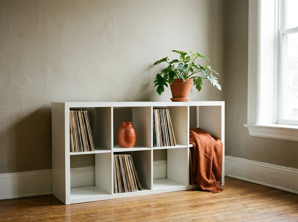 Square cube shelving unit filled with vinyl records and a few decor pieces