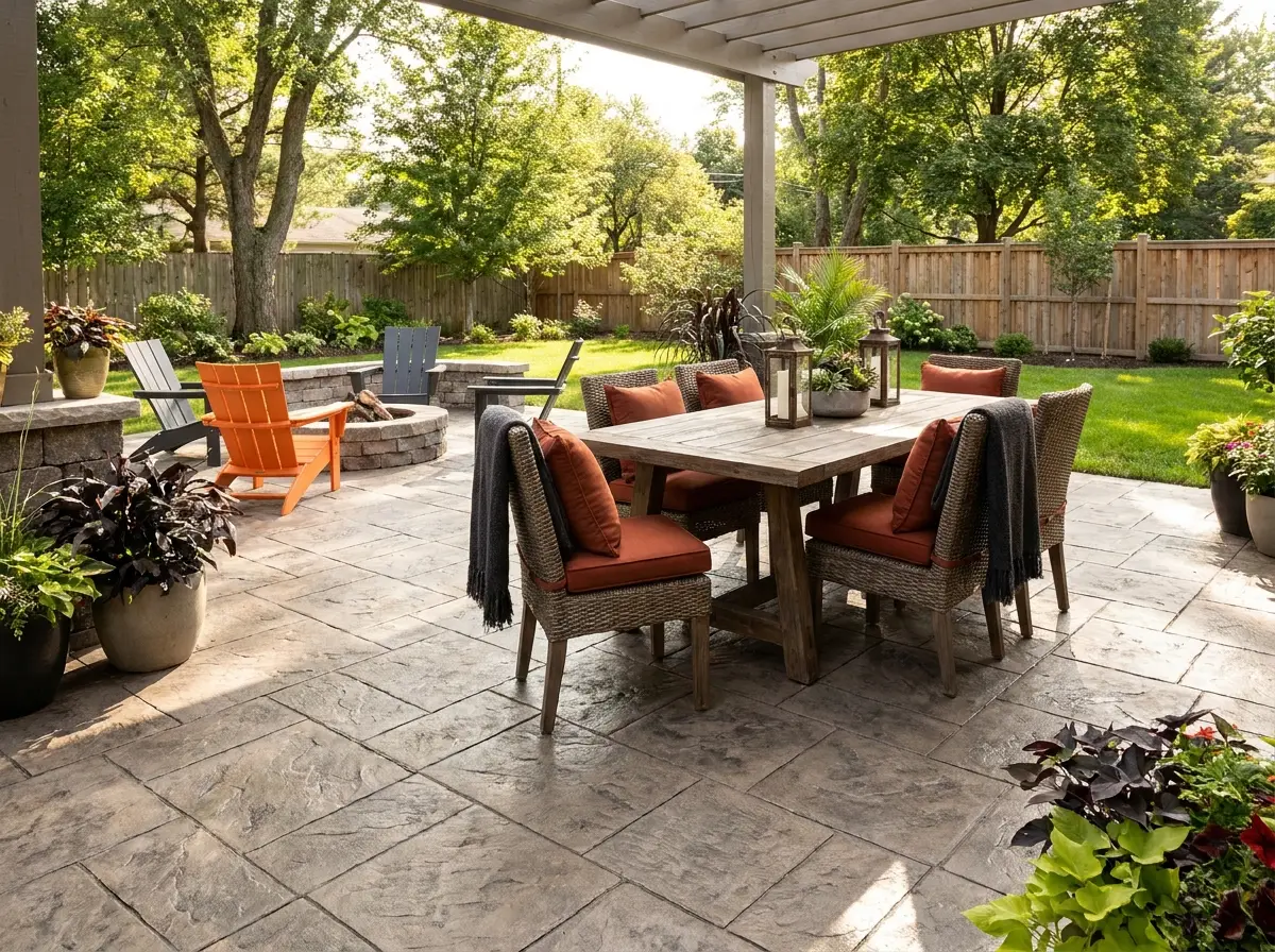 Concrete Patio Ideas That Still Look Good After Ten Winters 3 Stamped concrete patio with an ashlar slate pattern and a dining table in a backyard