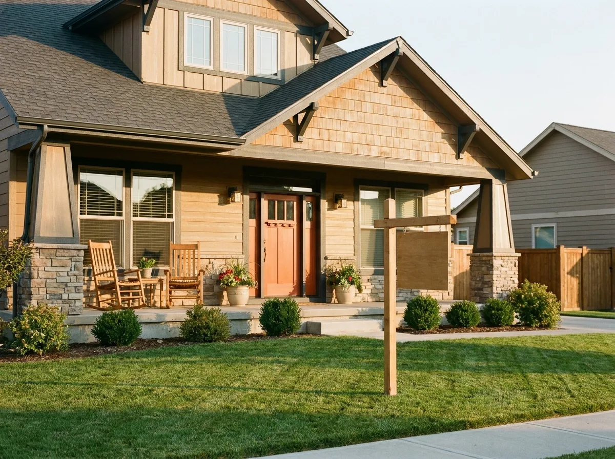 Suburban house with a front porch and an empty yard sign post in morning light