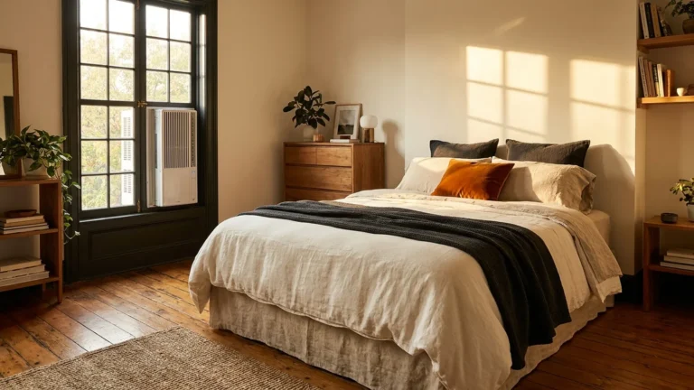 Vertical Window Air Conditioner: Does Your Window Actually Fit One? 10 Sunlit bedroom with a vertical window air conditioner fitted in a tall dark-framed casement window