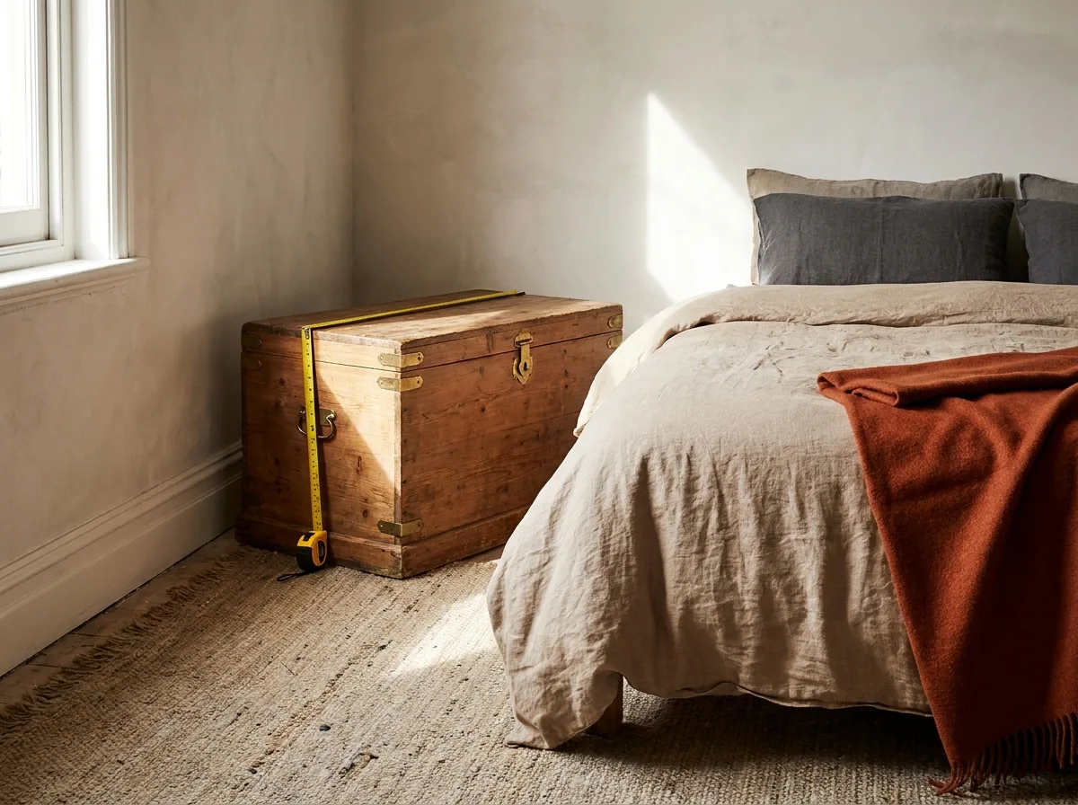 Storage Chest: How to Pick One That Is Safe, Sturdy and Stylish 2 Tape measure along a wooden storage chest beside a bed to size a storage chest