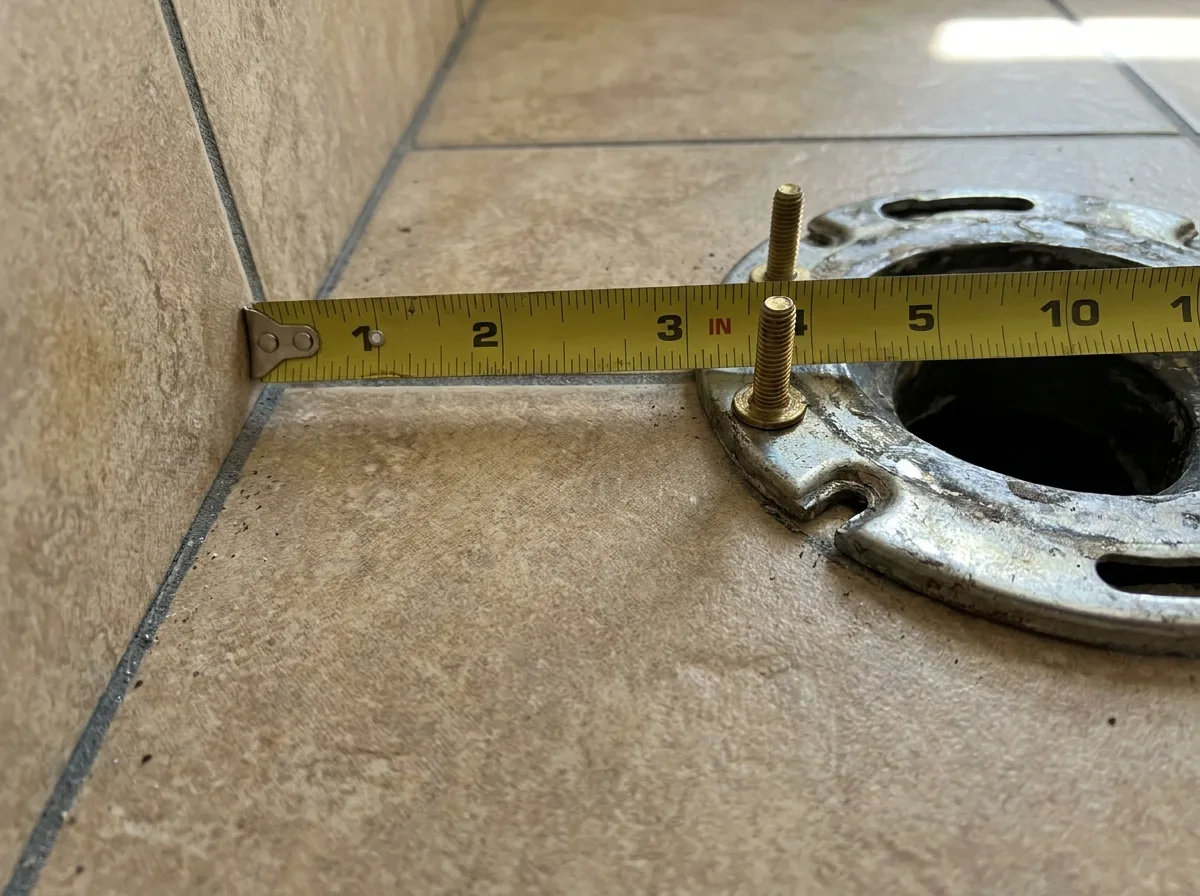 Tape measure stretched from the finished wall to the closet bolts on a toilet flange