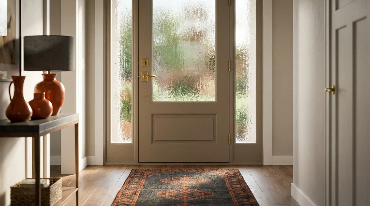 Textured rain glass front door seen from a bright hallway entry