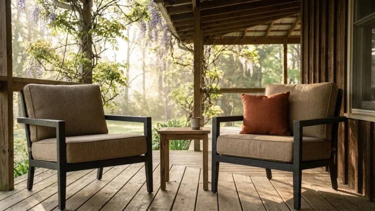Outdoor Chair Buying Guide: Pick One That Survives Your Climate 11 Two charcoal outdoor chairs with beige cushions on a bright covered porch
