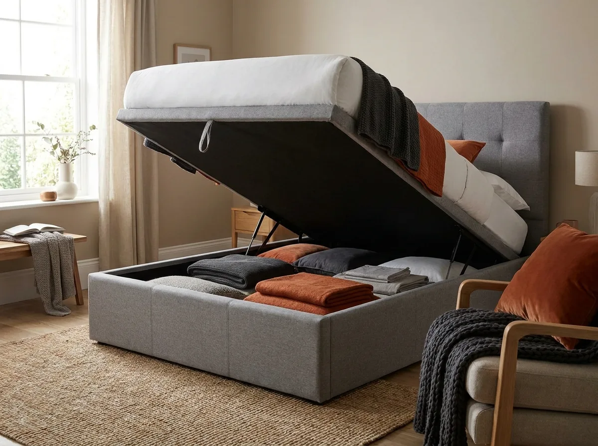 Upholstered ottoman storage bed with the platform lifted to show roomy space underneath