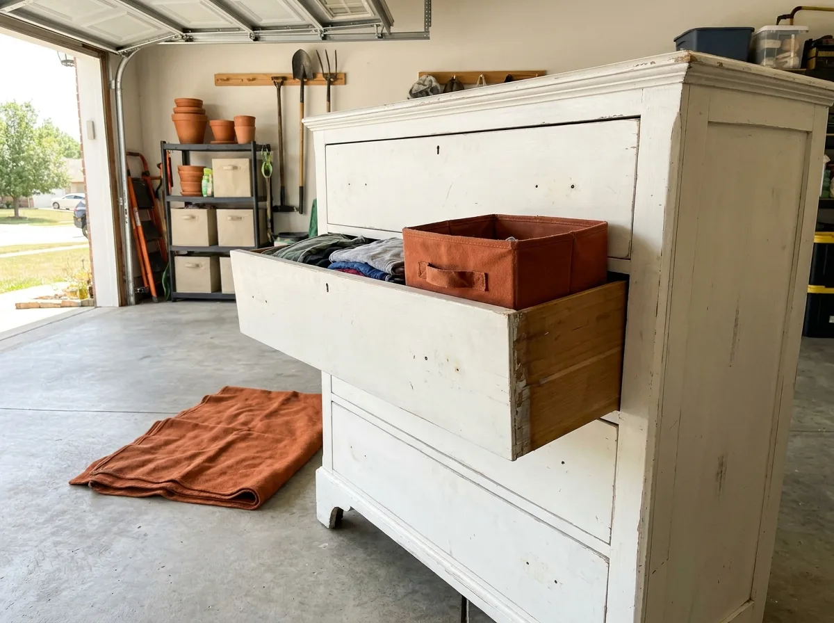 Used dresser with one drawer pulled out for inspection before buying