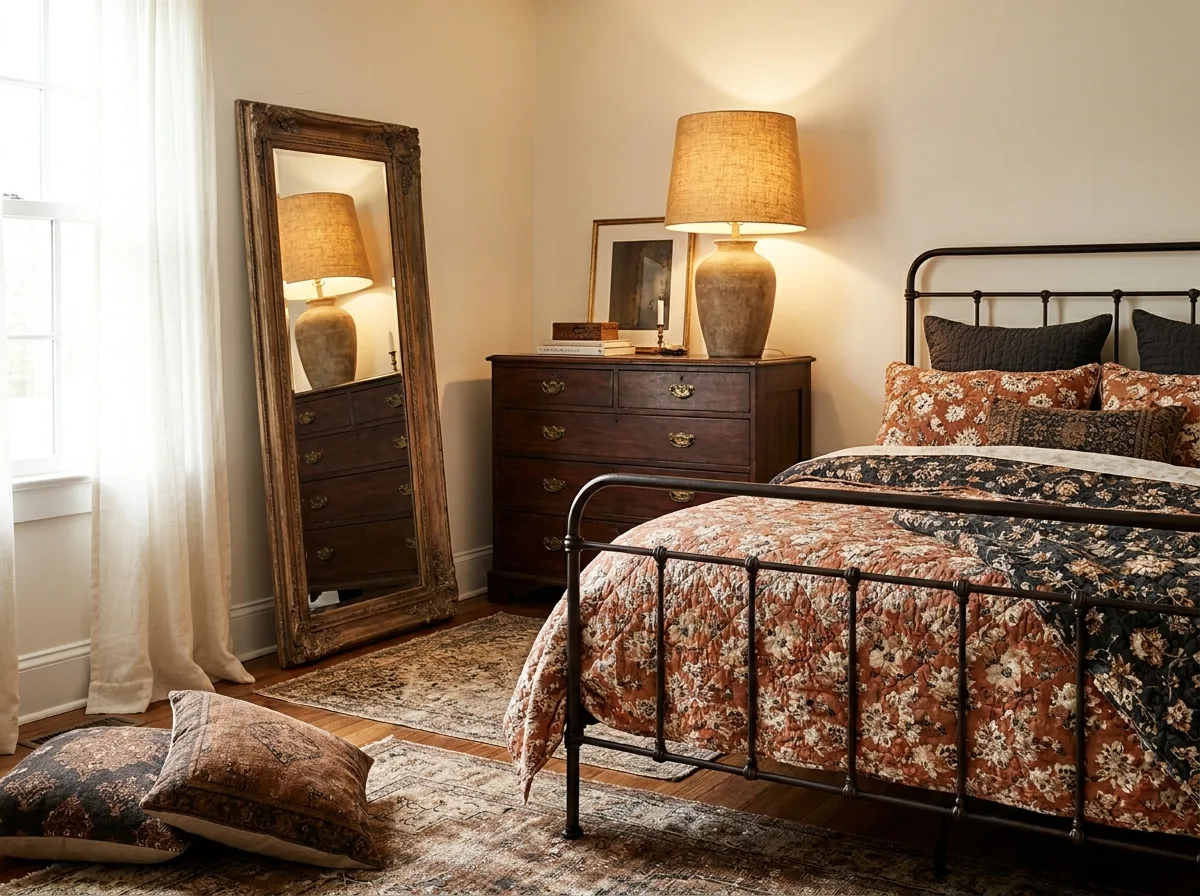 Vintage Aesthetic at Home: Get the Look Without the Costume 4 Vintage bedroom with a wood dresser, floral bedding and a warm table lamp
