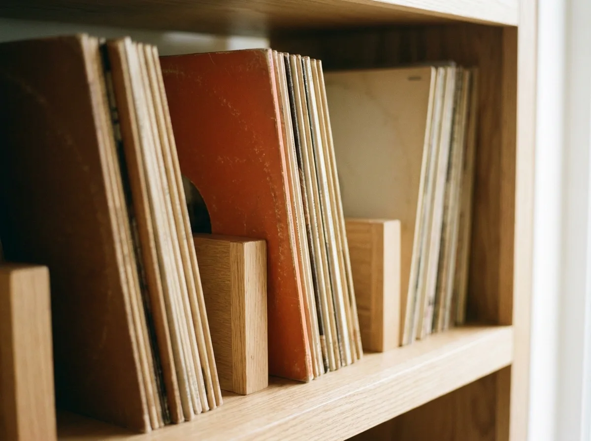 Vinyl records standing upright on an oak shelf with a wooden divider