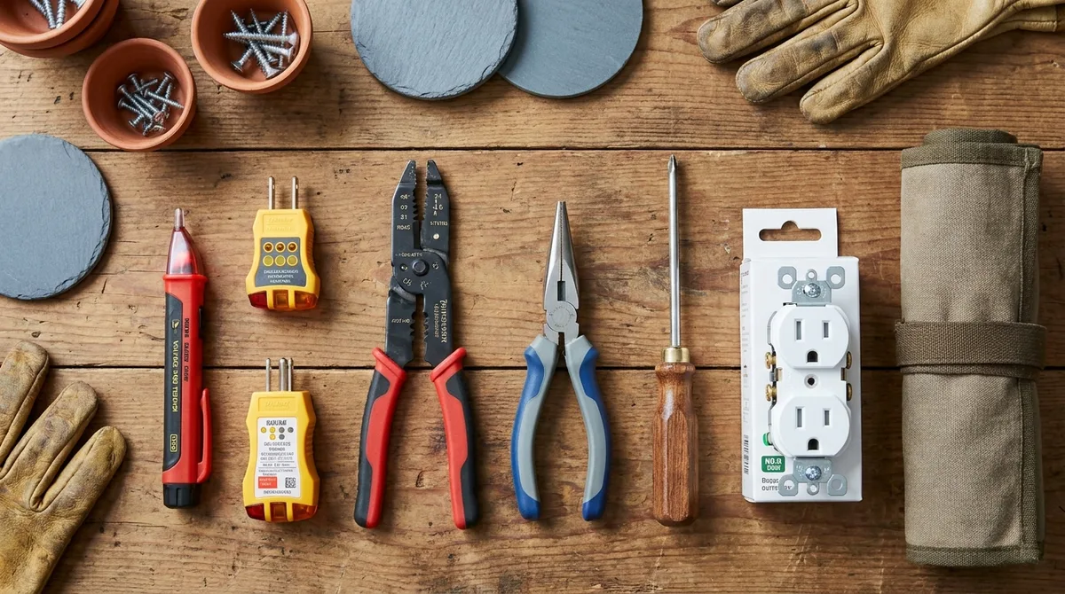 How to Wire an Outlet Safely When the Box Is the Real Problem 2 Voltage tester, outlet tester, strippers, pliers and screwdriver laid out to wire an outlet
