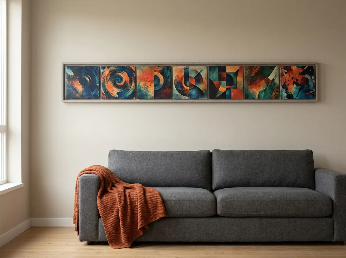 Wall frame displaying eight vinyl album covers above a charcoal sofa