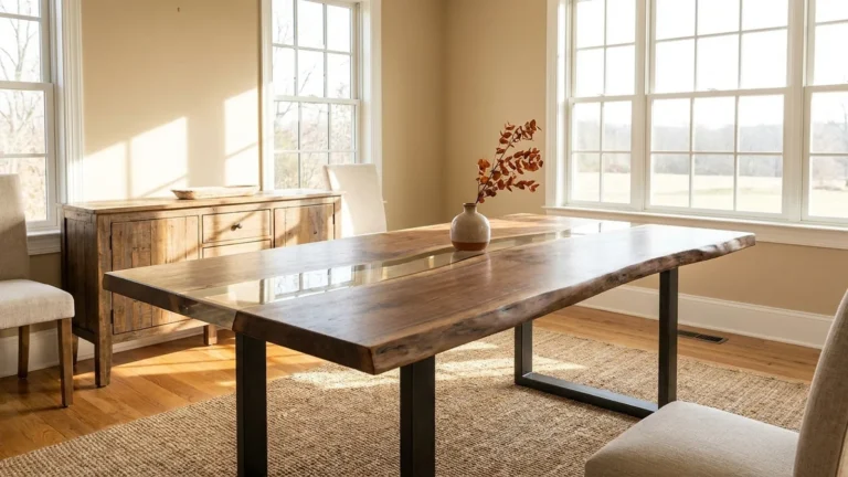 River Table Ideas and Styles That Fit Your Room and Budget 6 Walnut live edge river table with a clear resin channel in a bright dining room