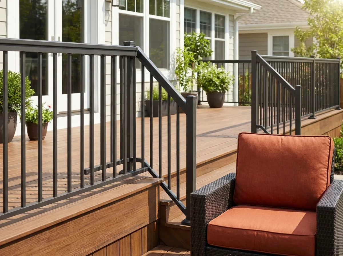 Walnut stained backyard deck with charcoal railings and a burnt orange chair
