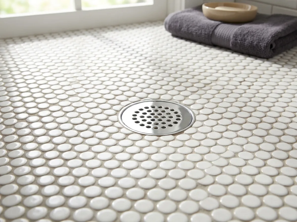 Shower Floor Tile: Pick a Style That Won't Fail in Year Three 3 White penny round shower floor tile sloping toward a chrome drain