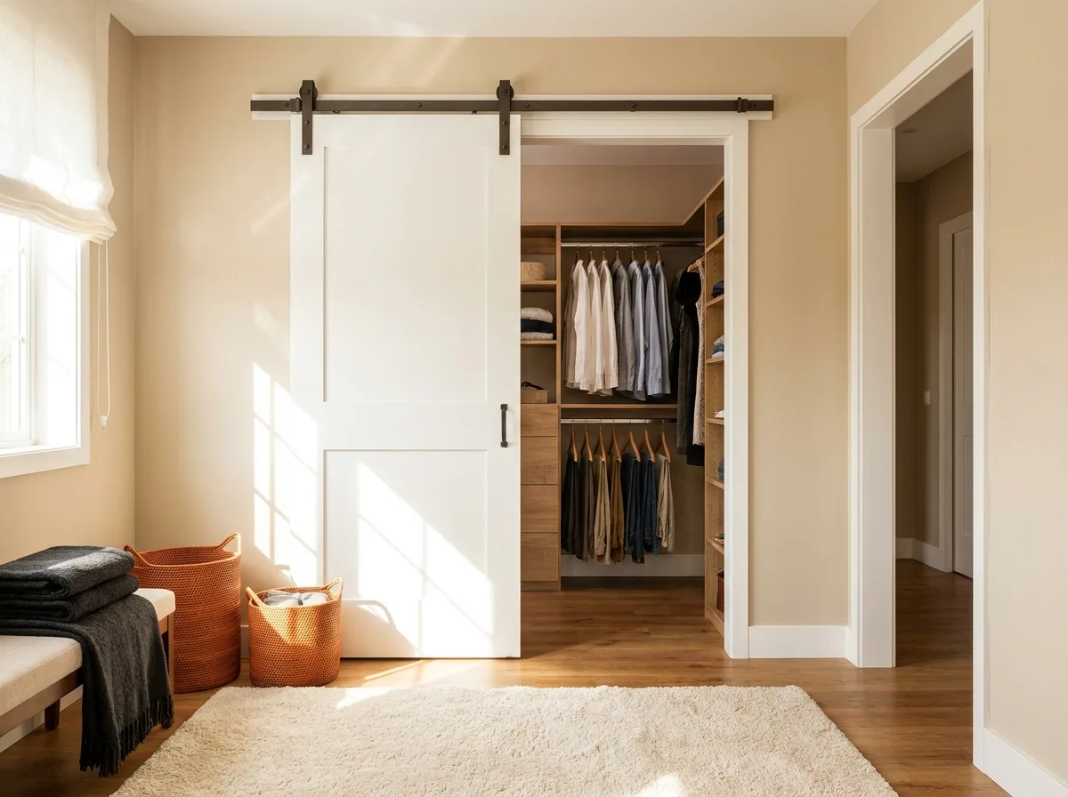 White sliding barn door on a black rail opening to a tidy walk-in closet