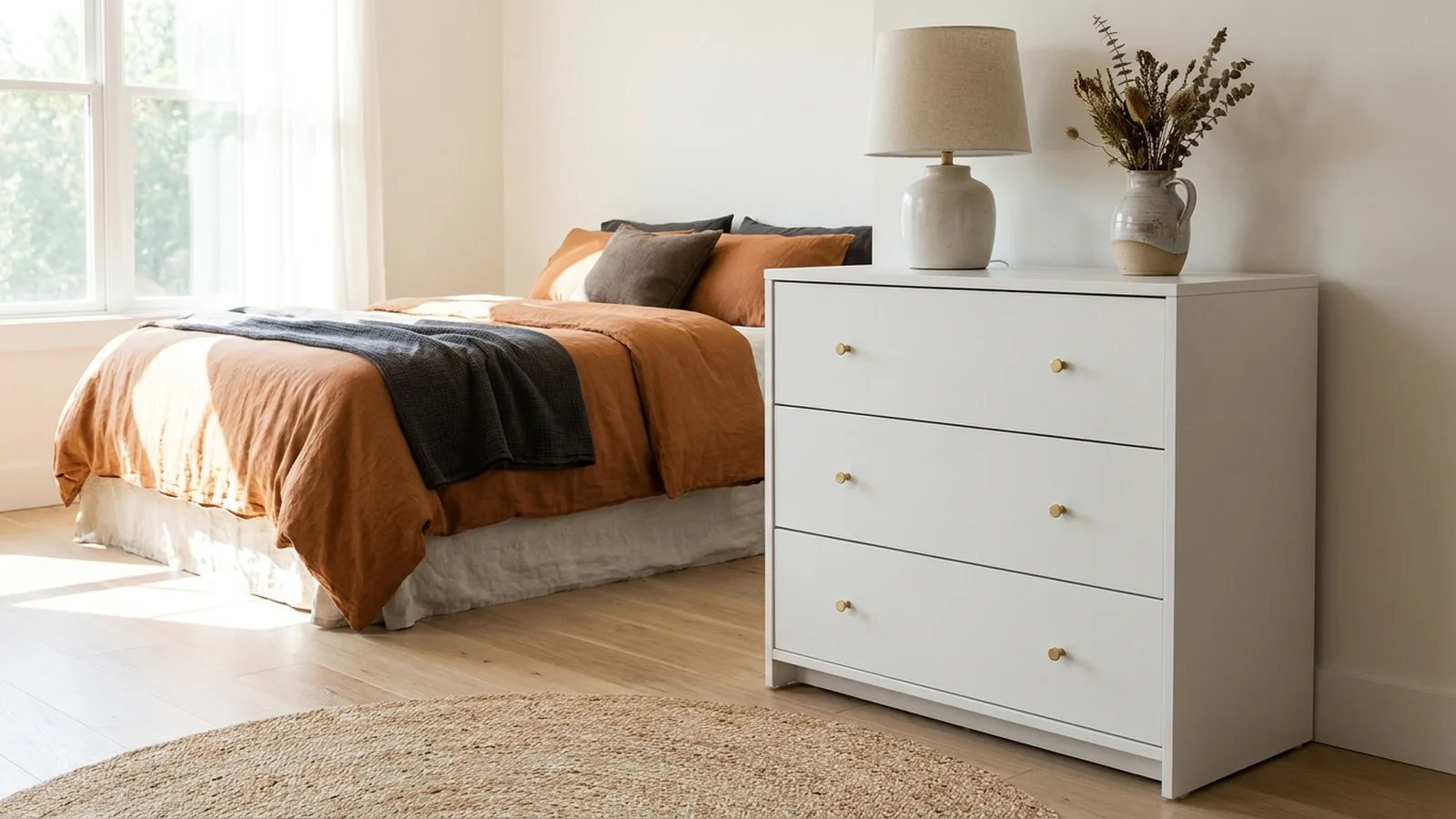 White three-drawer Malm dresser styled in a bright modern bedroom