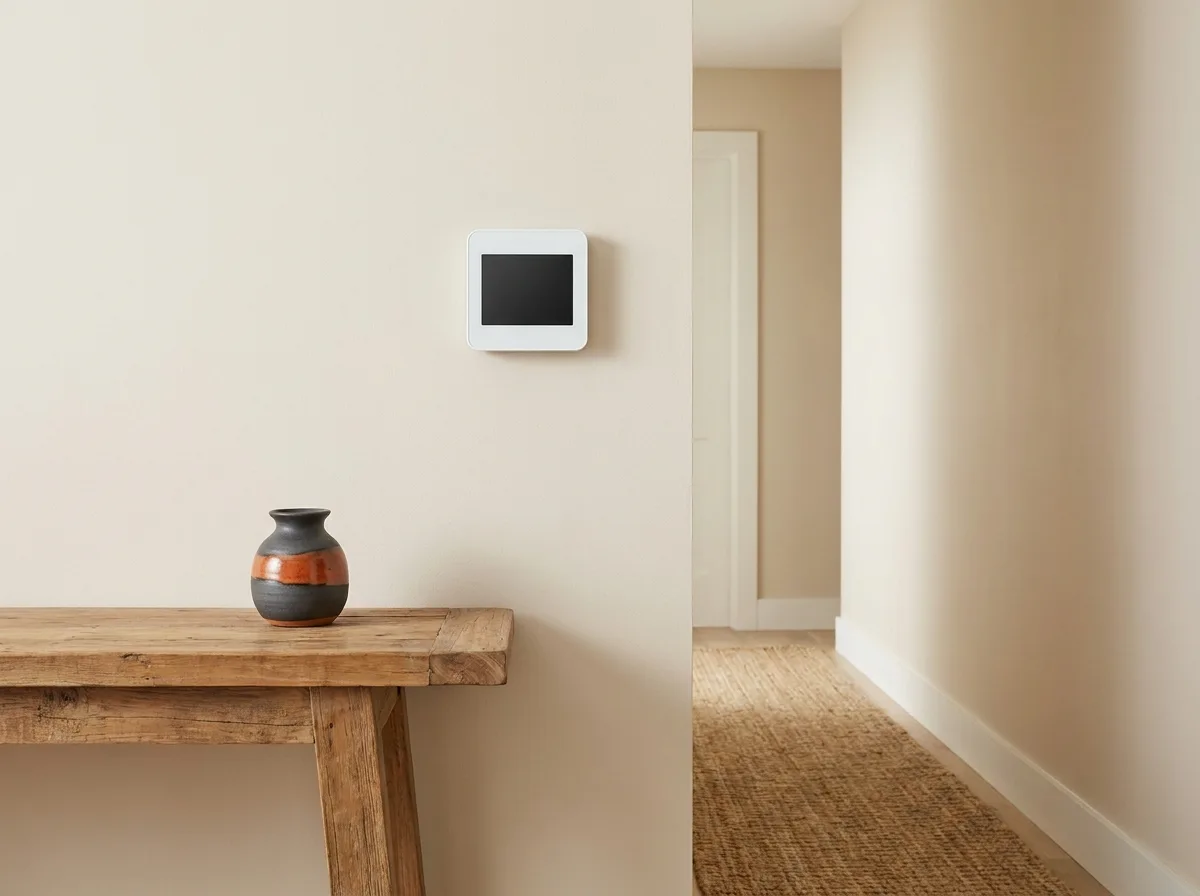 White touchscreen thermostat on a warm beige hallway wall above a wooden console table