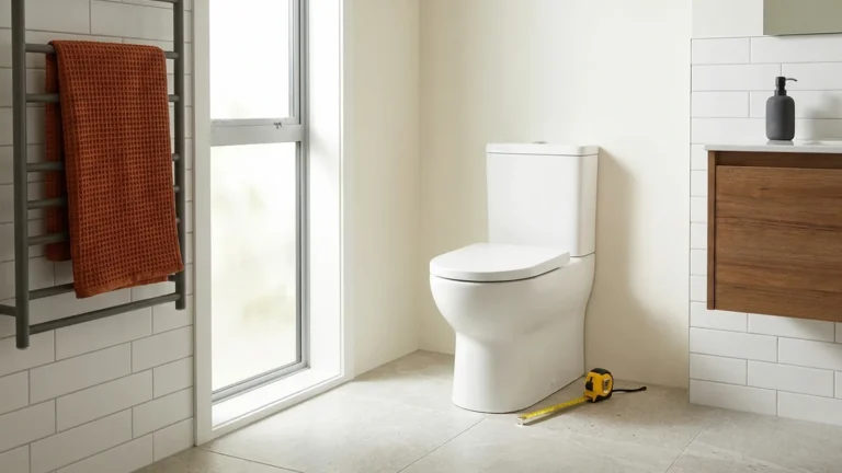 Toilet Dimensions: What Actually Fits Your Bathroom 3 White two-piece toilet in a bright bathroom with a yellow tape measure on the floor