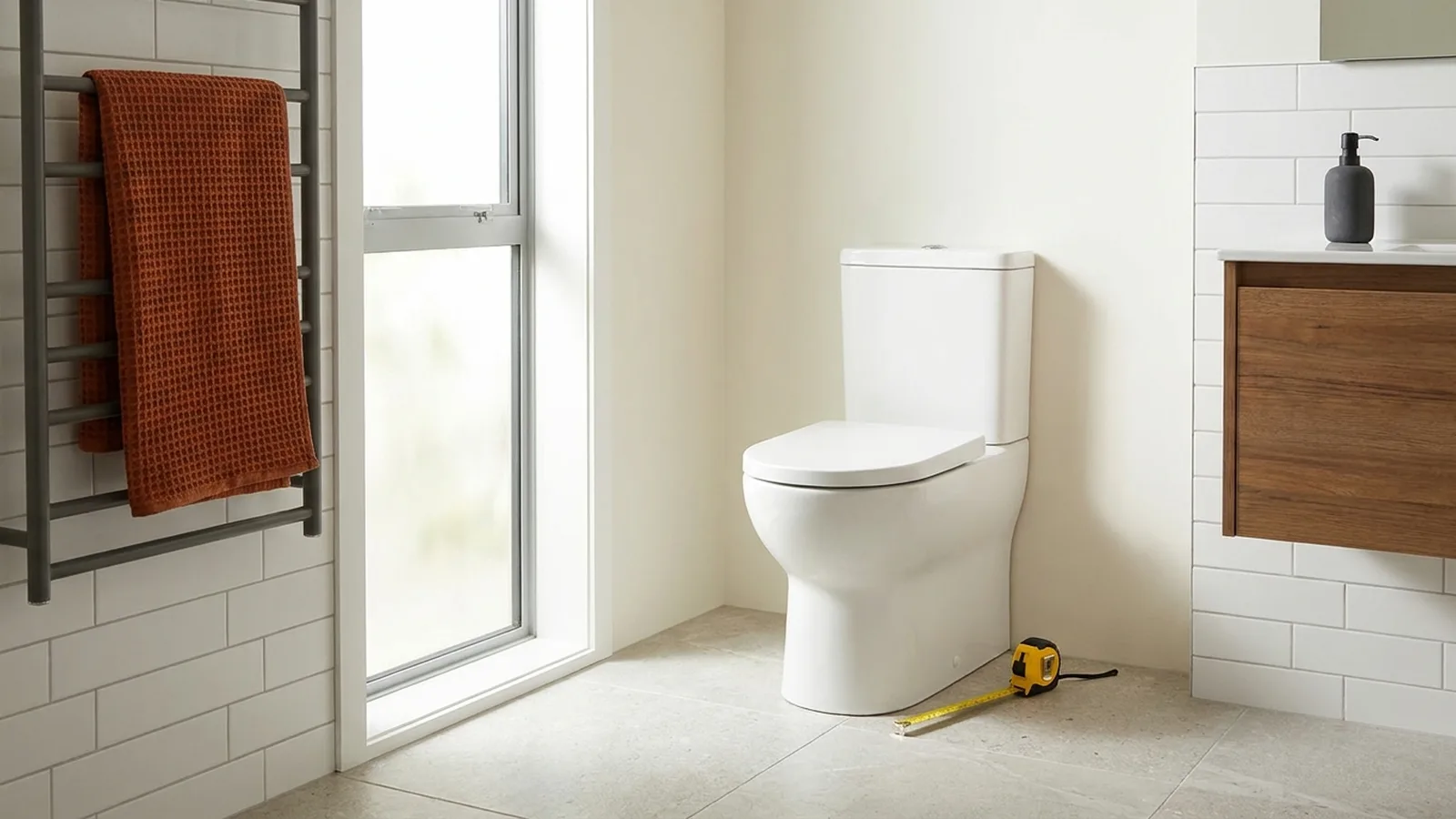 White two-piece toilet in a bright bathroom with a yellow tape measure on the floor