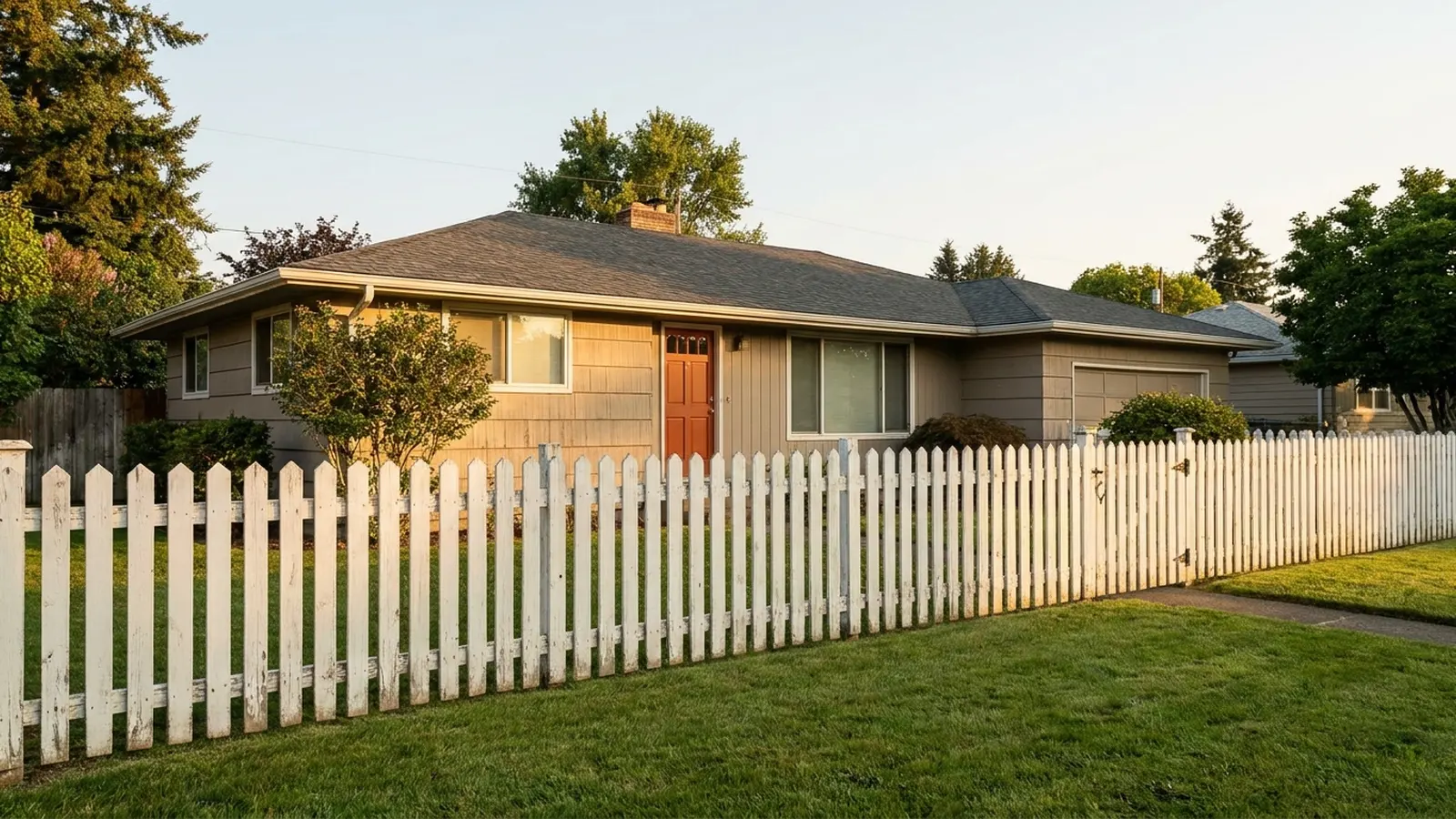 White wooden picket fence and gate across the front yard of a 1950s ranch house